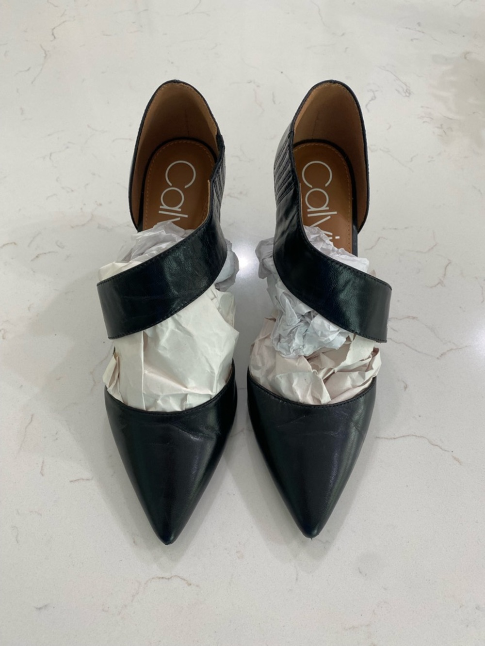 Calvin Klein Black Pointed Leather Slingback Heels with Cross Strap